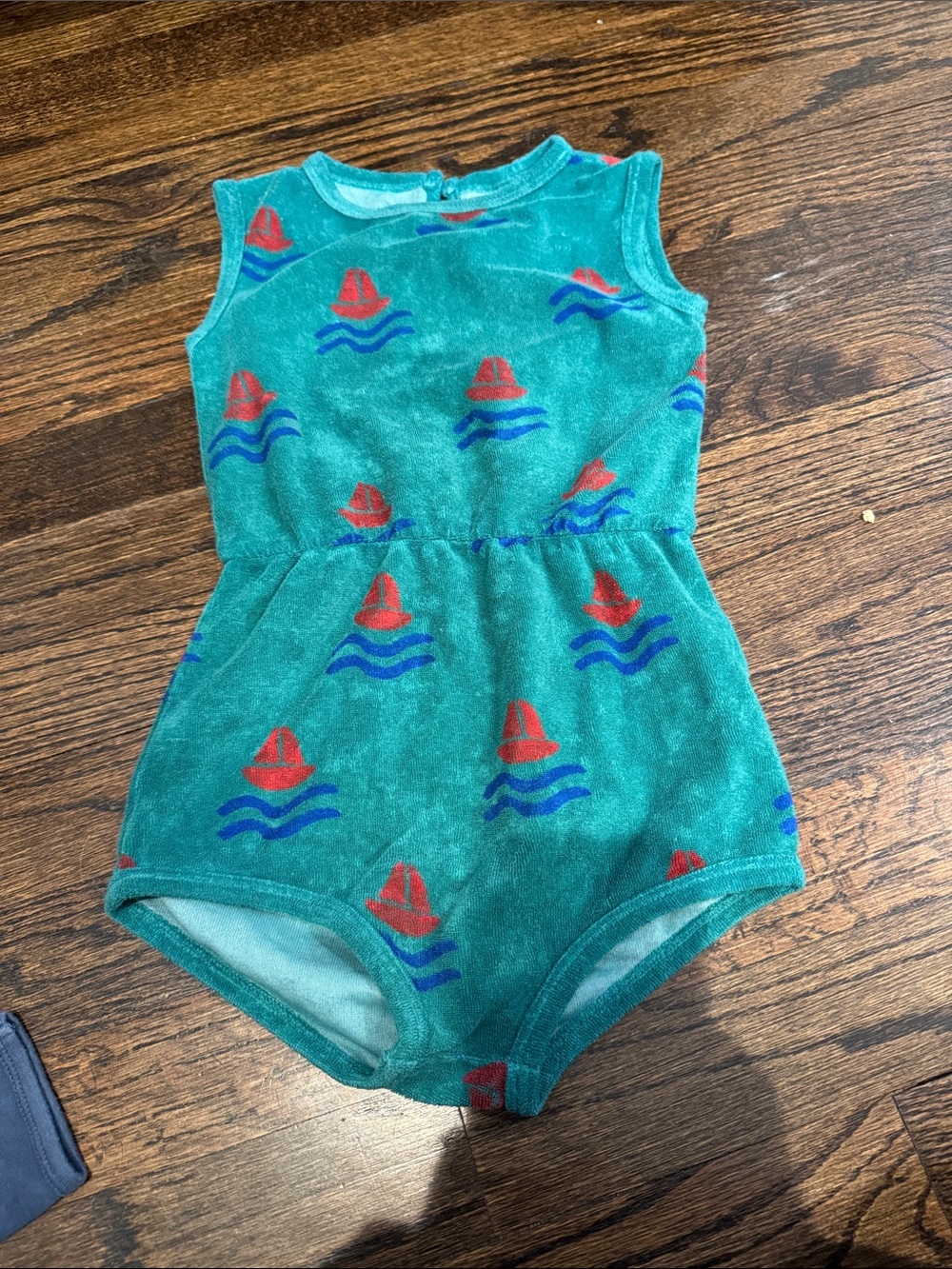Green Baby Terry Romper with Red Sailboat Print